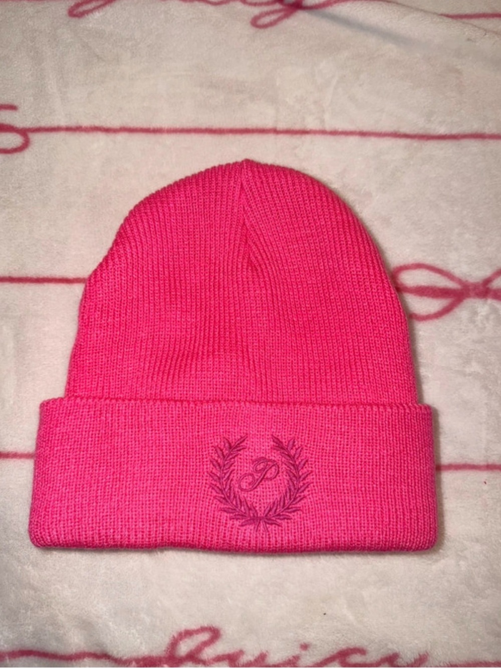 PINK Knit Beanie Hat with Embroidered Women Accessories